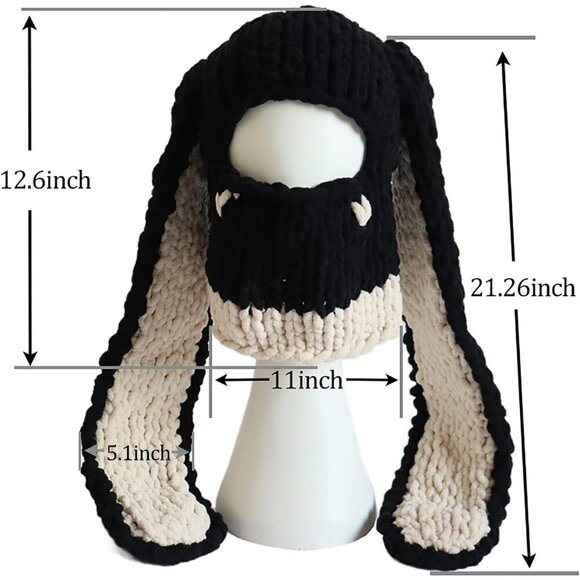 Women's Black Grey Bunny Hat Knit Plush Long Ears Fluffy Cosplay Party Hat - Picture 2 of 4